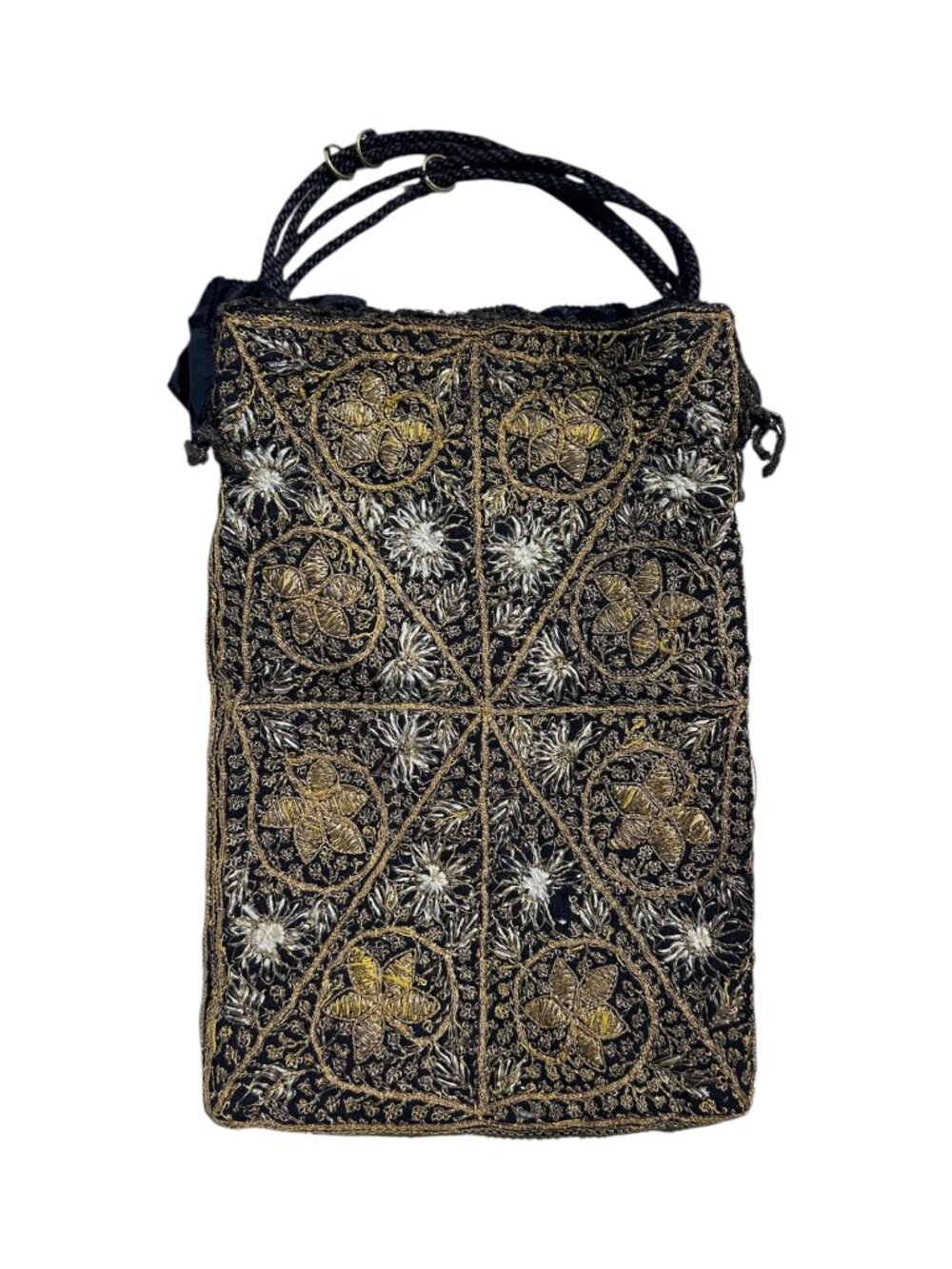 Antique 1920s Zardozi Embroidered Evening Purse Featuring Silver and Gold Thread